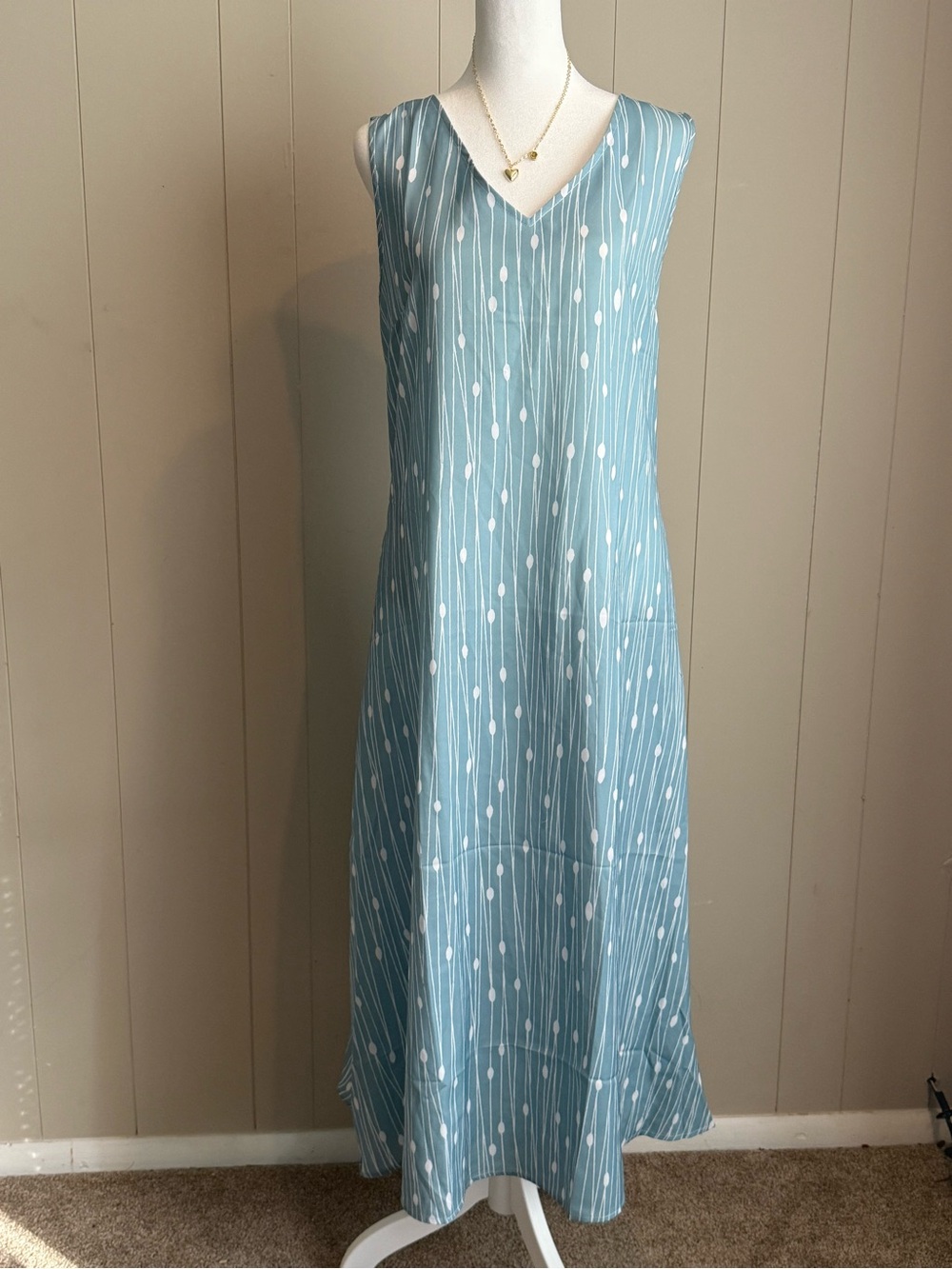 Sleeveless Blue V-Neck Maxi Dress with White Dot Stripe size L